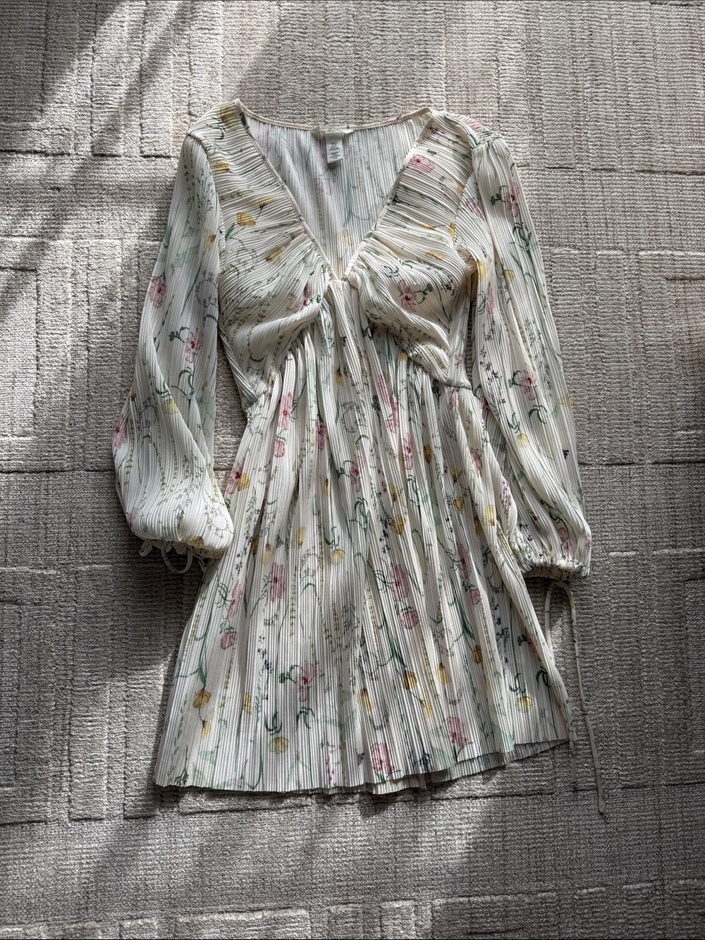 H&M Ivory Floral Pleated Mini Dress with Pink & Yellow Accents